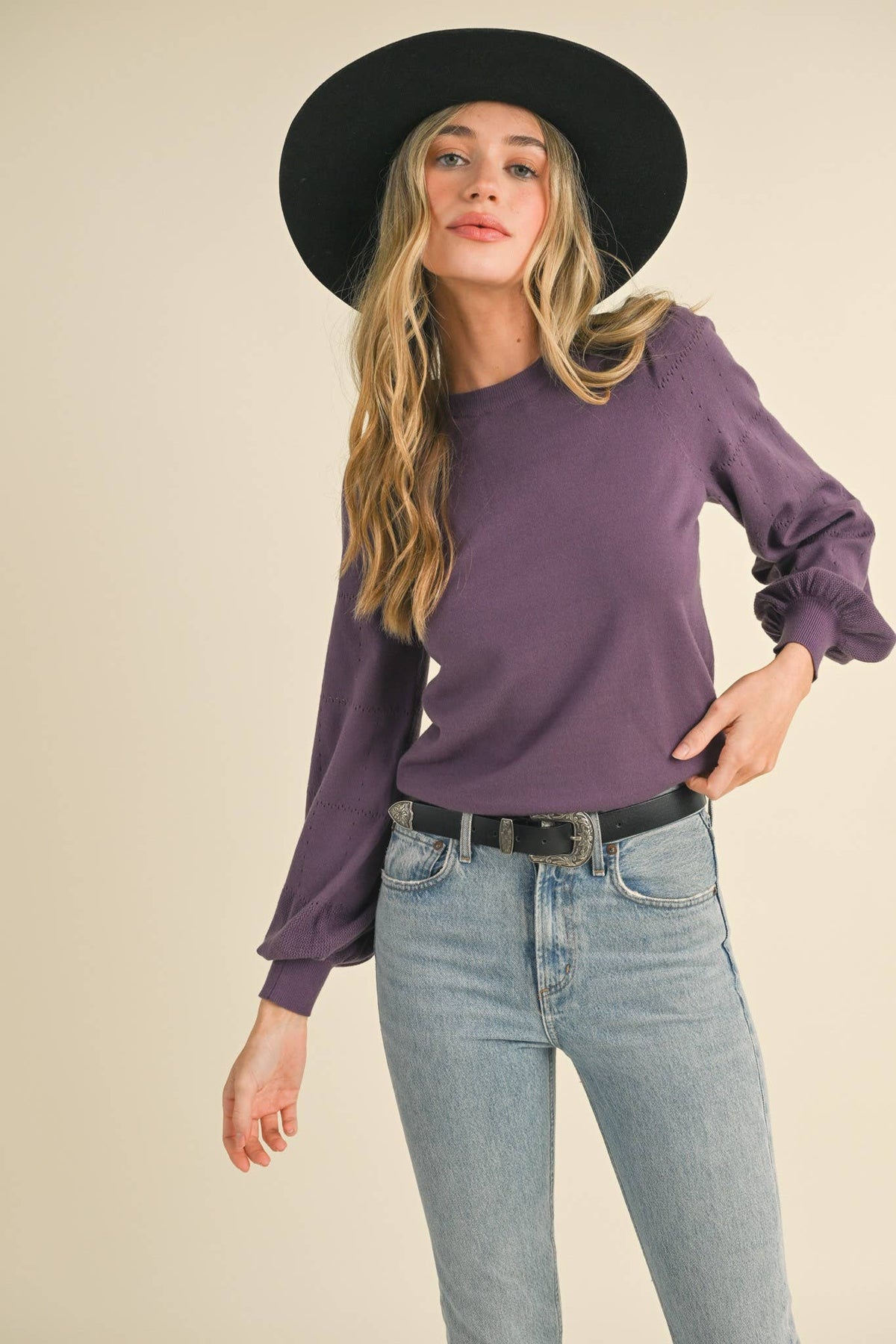 Pointelle Puff Sleeve Sweater