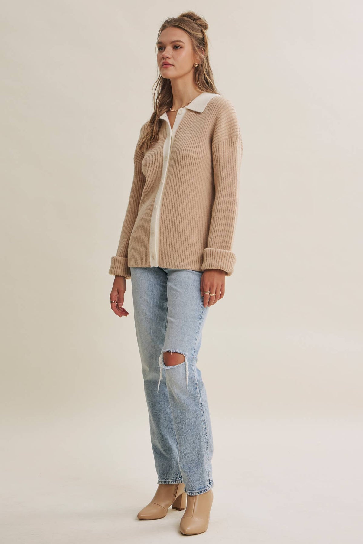 Contrast Collar Ribbed Cardigan