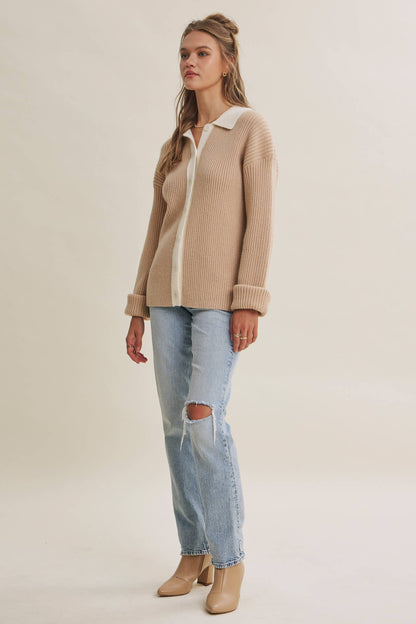 Contrast Collar Ribbed Cardigan