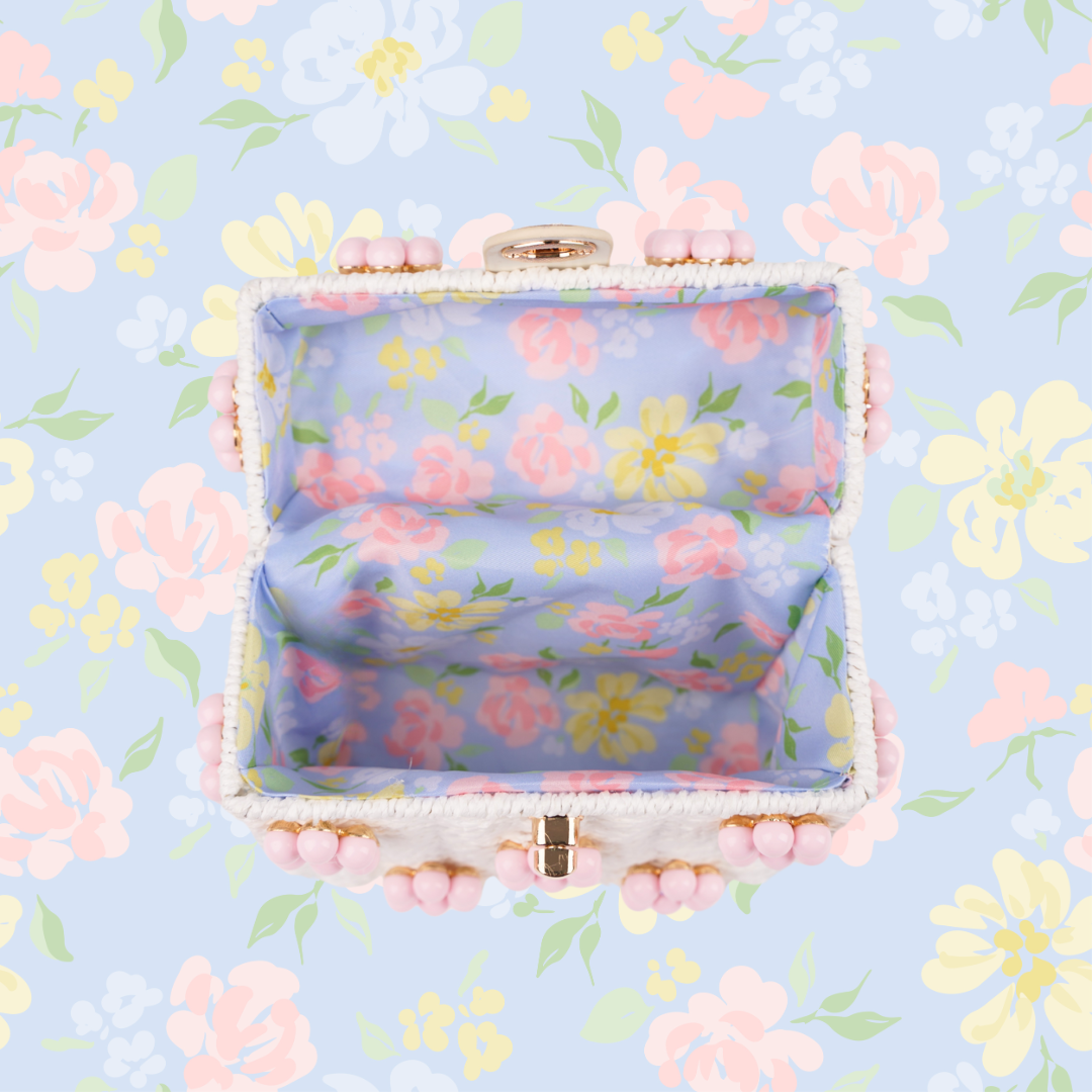 Wicker Bucket Daisy Flower Purse: White Purse + Red Daisy / Yellow Rhinestone