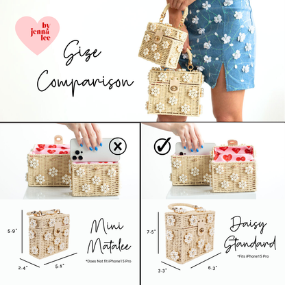 Wicker Bucket Daisy Flower Purse: Cream + Blue Daisy