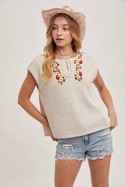Embroidered Notch Neck Knit Top