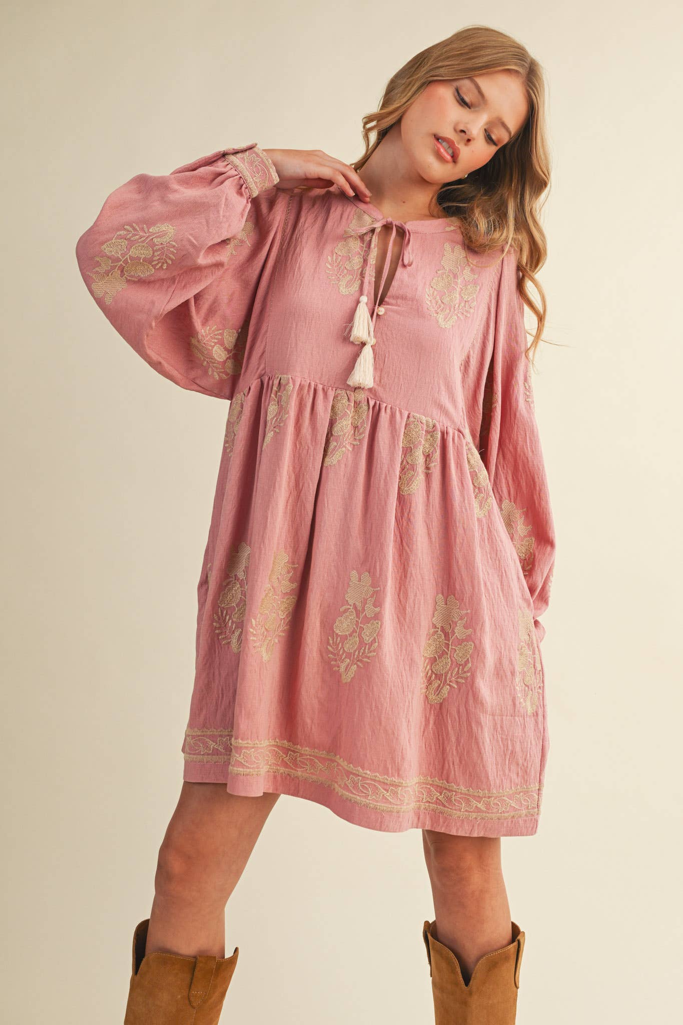 Embroidered Puff Sleeve Mini Dress