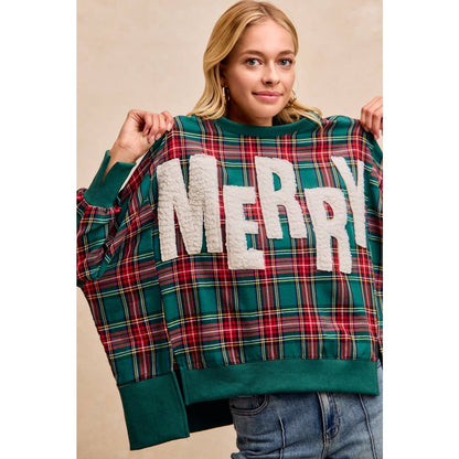 Merry Letter Patches Plaid Sweatshirt