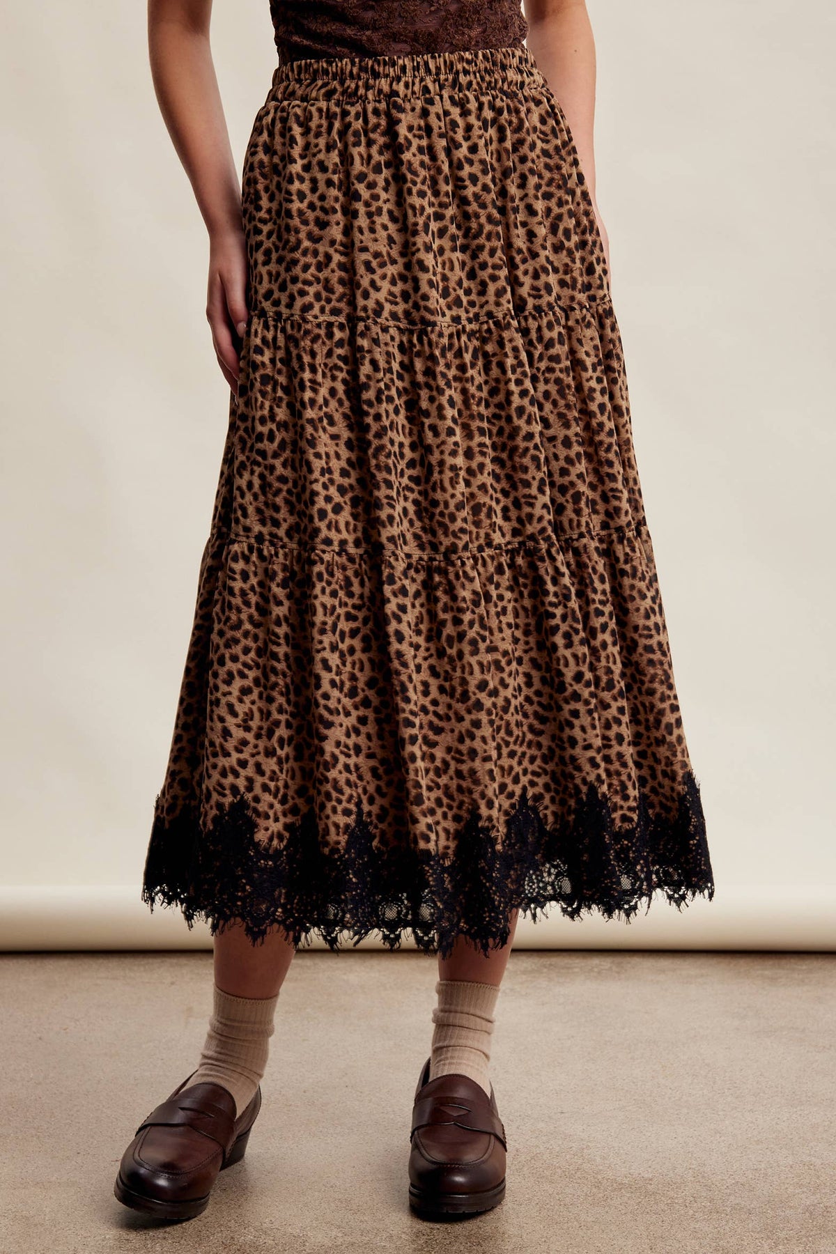 Leopard Lace Trim Tiered Maxi Skirt