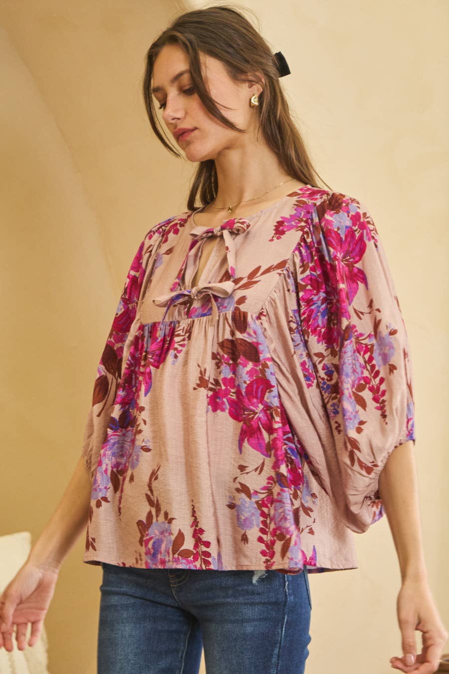 Floral Printed Batwing Sleeve Front Tie Top