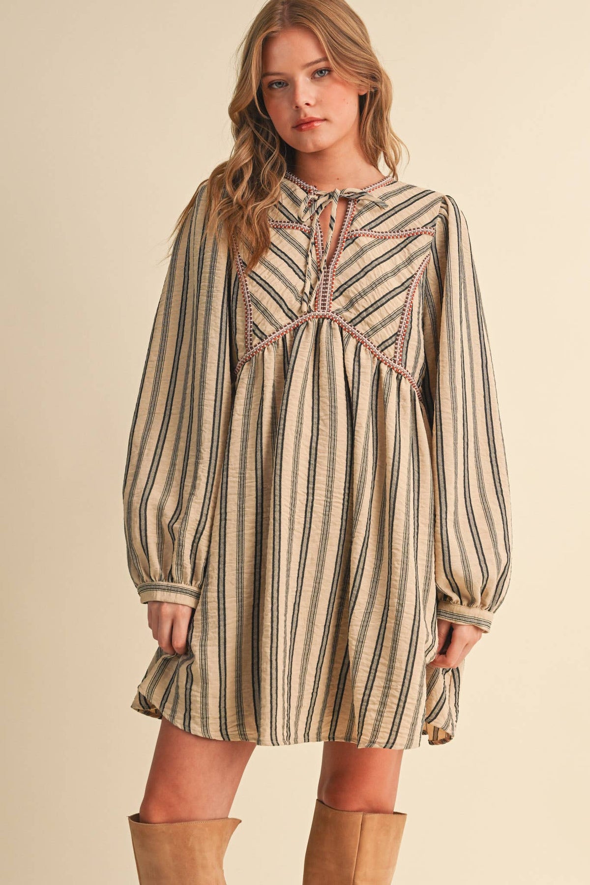 Striped Mini Dress With Contrast Rope