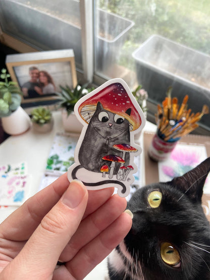 Black Cat with Red Mushroom Vinyl Sticker