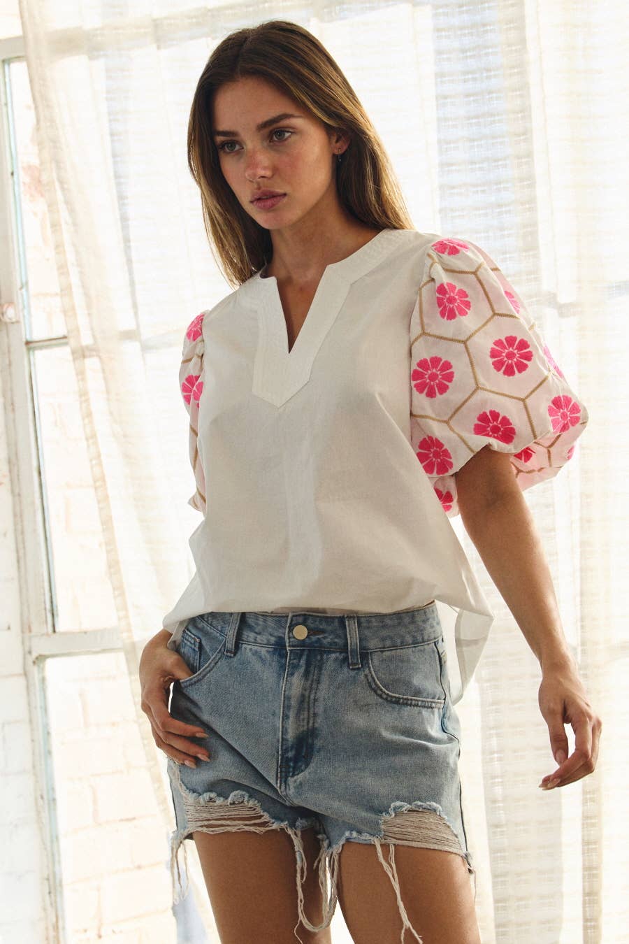 Embroidered Sleeve V-Neck Blouse