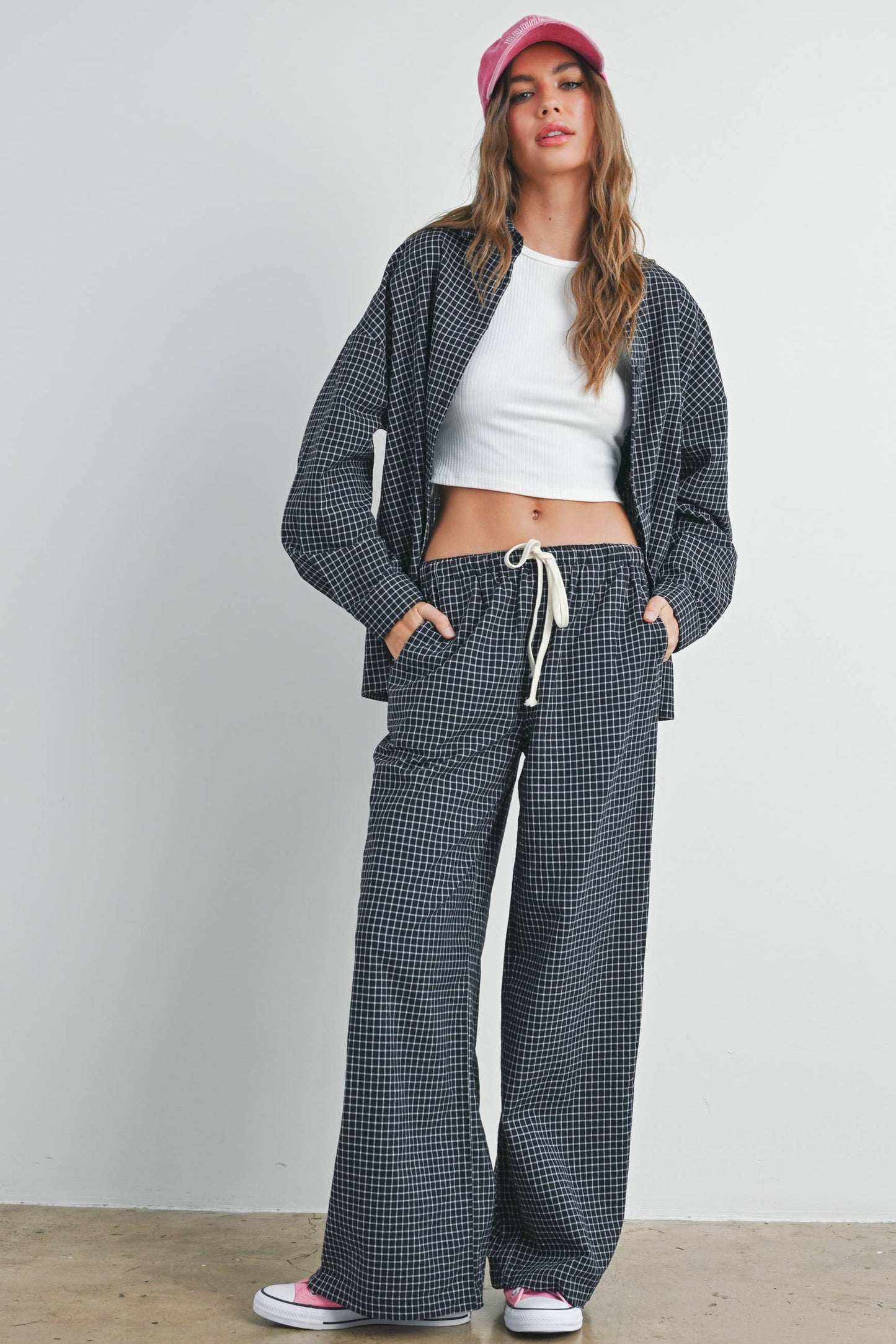 High Waisted Drawstring Check Pants