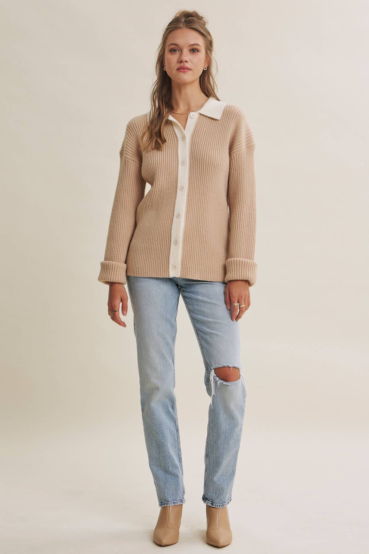 Contrast Collar Ribbed Cardigan