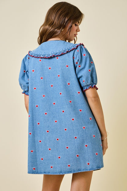 Heart Embroidered Denim Dress