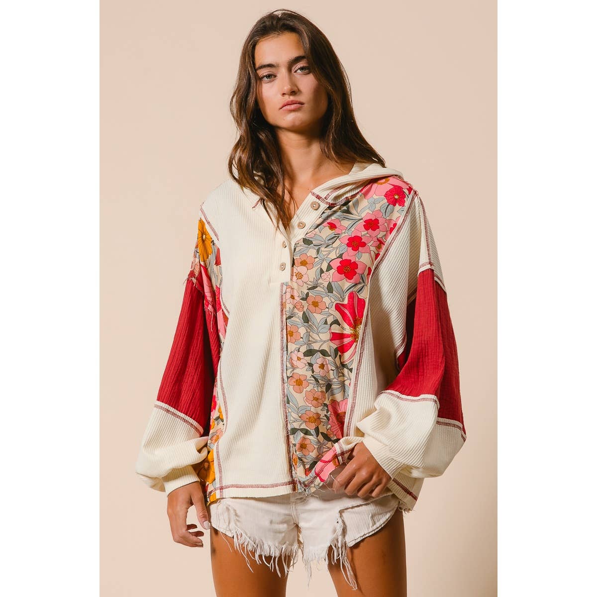 Knit and Print Mixed Hoodie