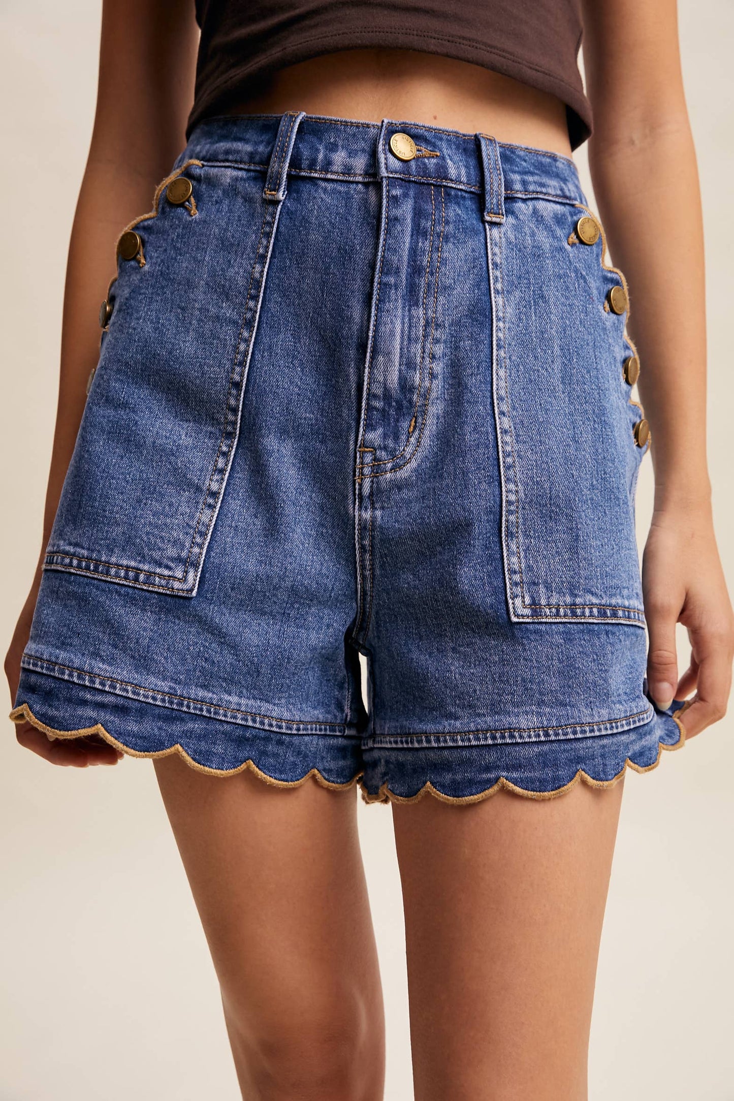 Scallop Button-Side Denim Shorts