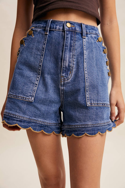 Scallop Button-Side Denim Shorts