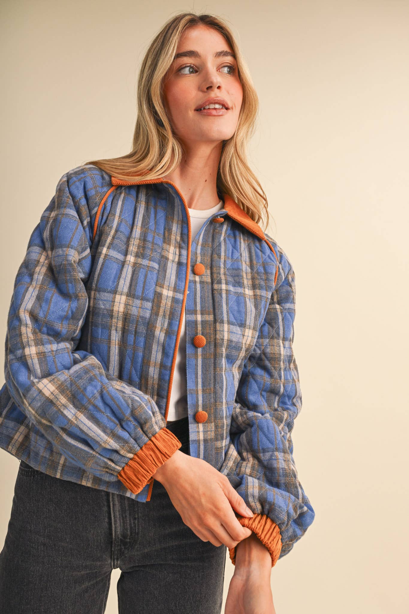 Plaid & Corduroy Contrast Quilted Jacket