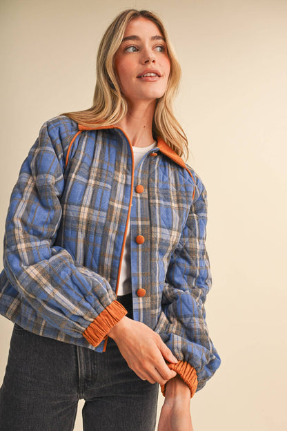 Plaid & Corduroy Contrast Quilted Jacket