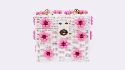 Wicker Bucket Daisy Flower Purse: White + Pearl Daisy