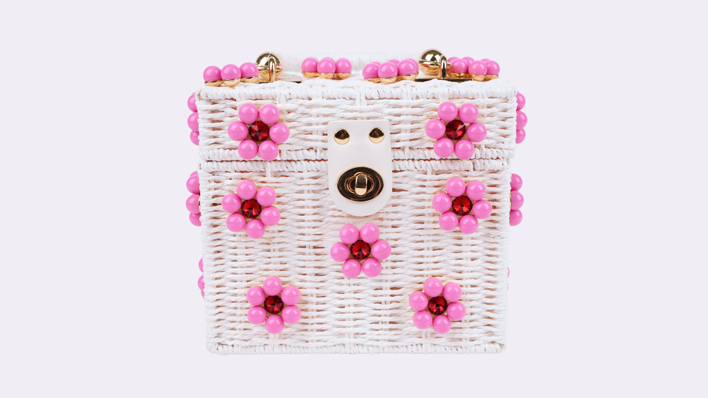 Wicker Bucket Daisy Flower Purse: White + Bubblegum Pink/Red Rhinestone