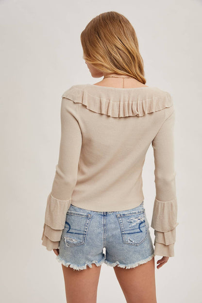 Ruffle Trim Neck and Sleeve Knit Pullover Top