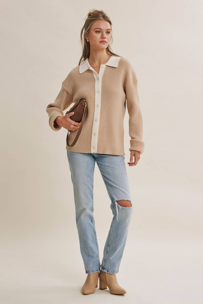 Contrast Collar Ribbed Cardigan
