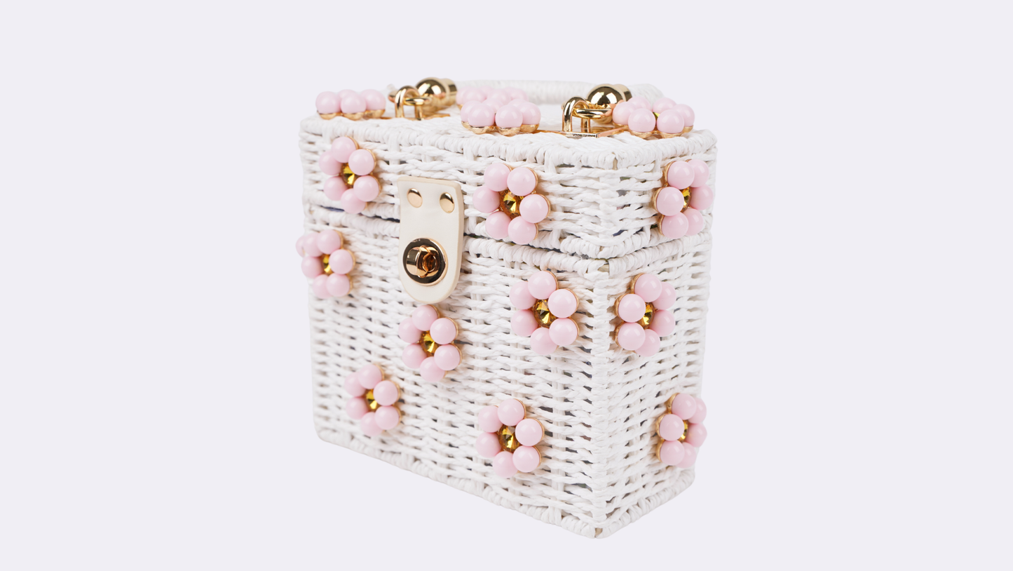 Wicker Bucket Daisy Flower Purse: White + Bubblegum Pink/Red Rhinestone