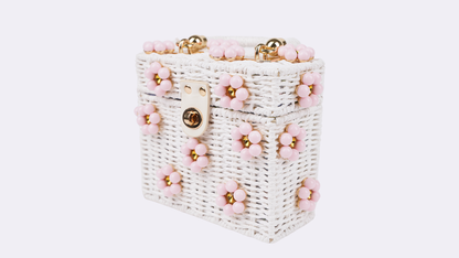 Wicker Bucket Daisy Flower Purse: White Purse + Red Daisy / Yellow Rhinestone