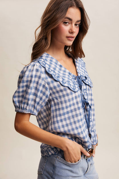 Gingham Embroidered Tie-Front Blouse