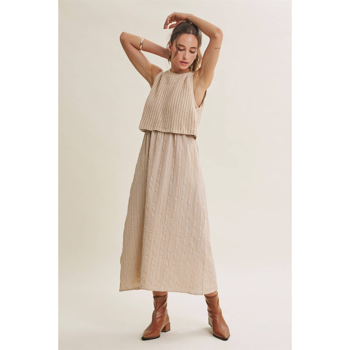 Chunky Sweater Gingham Stripe Mix Media Dress