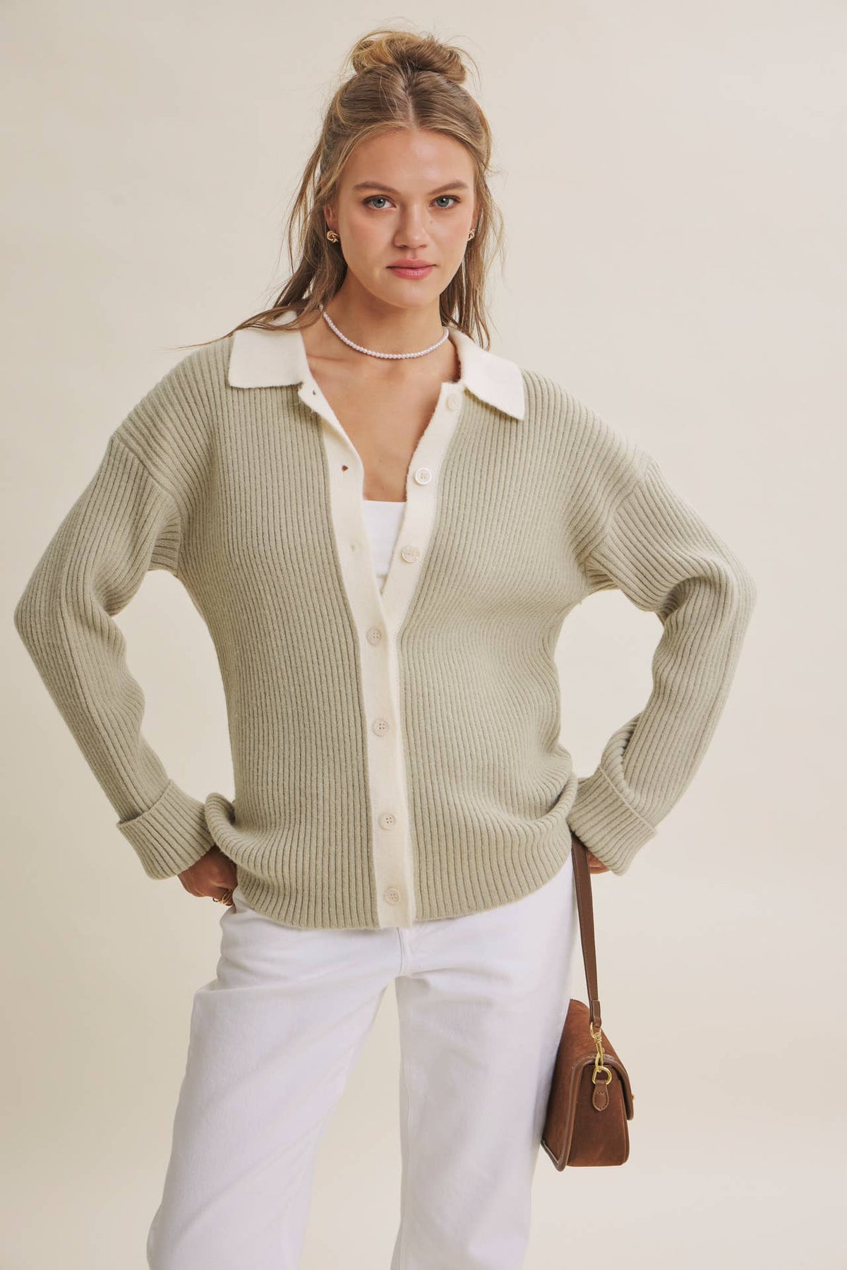 Contrast Collar Ribbed Cardigan