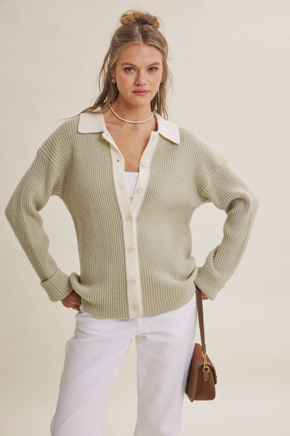 Contrast Collar Ribbed Cardigan
