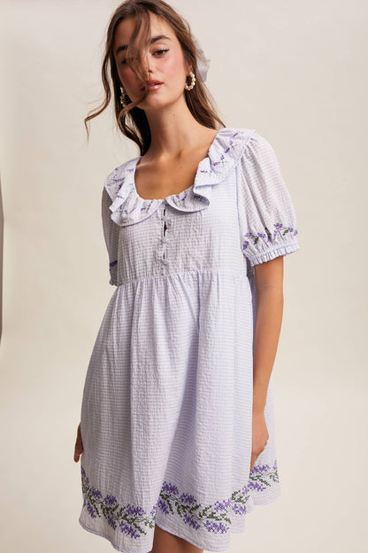 Embroidered Ruffle Collar Textured Gingham Dress