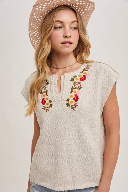 Embroidered Notch Neck Knit Top
