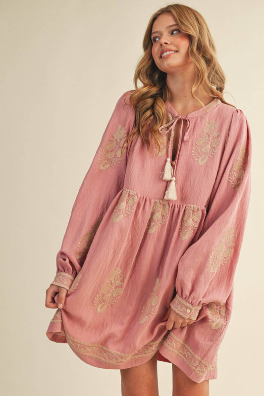 Embroidered Puff Sleeve Mini Dress