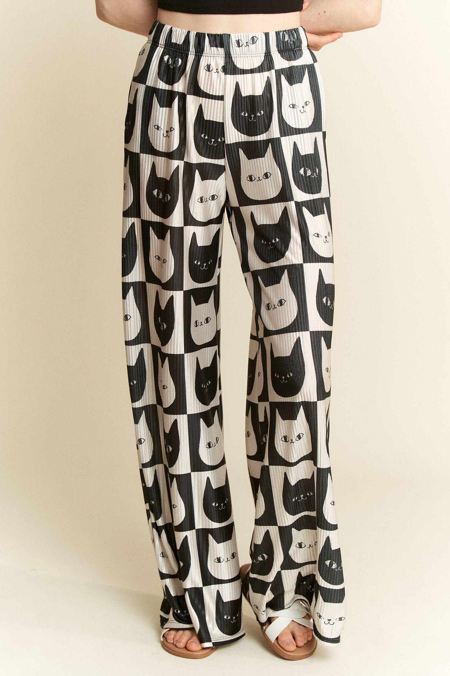 Mid-Rise Cat Face Satin Pants