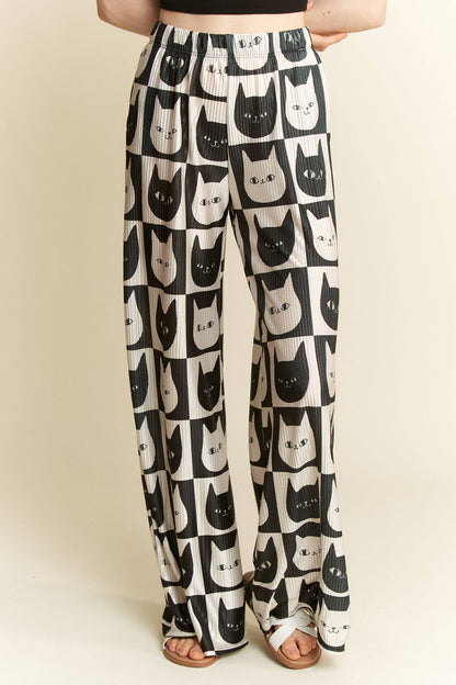 Mid-Rise Cat Face Satin Pants