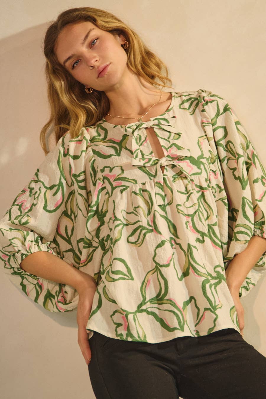 Tie Front Textured Floral Printed Blouse