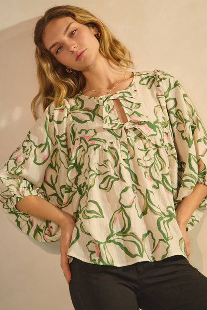 Tie Front Textured Floral Printed Blouse