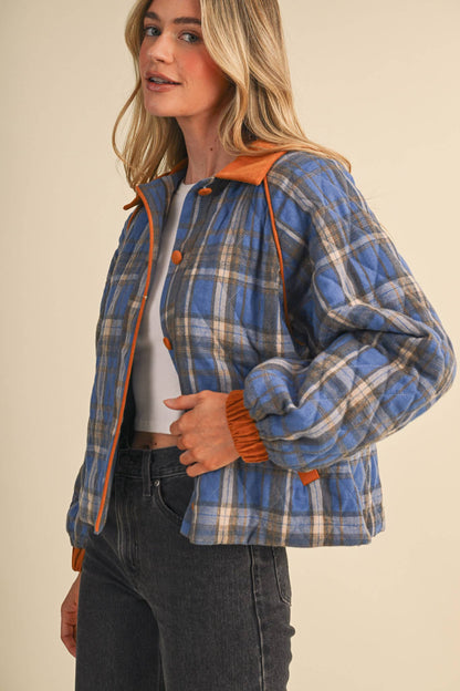 Plaid & Corduroy Contrast Quilted Jacket
