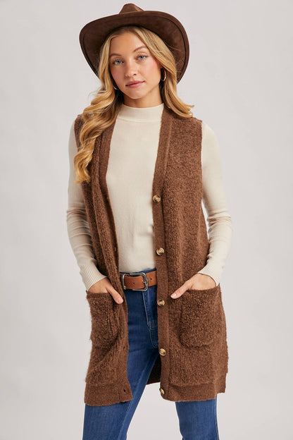 Button Down V-Neck Teddy Knit Vest