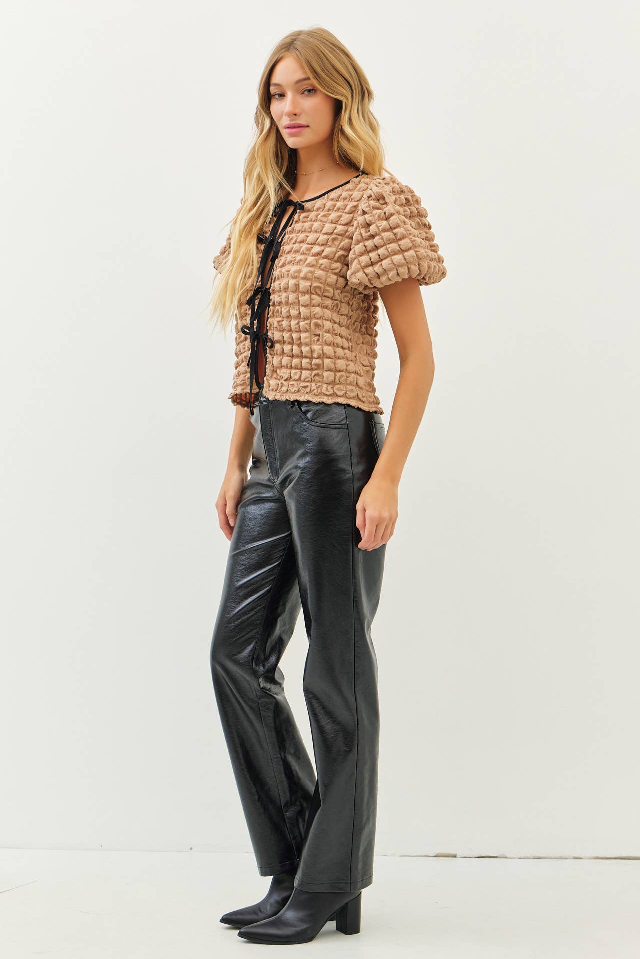 Bubble Textured Top With Contrast Front Tie