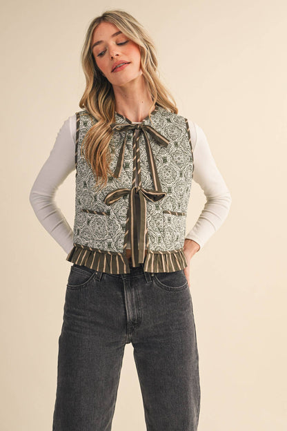 Quilted Block Print Ruffle Vest