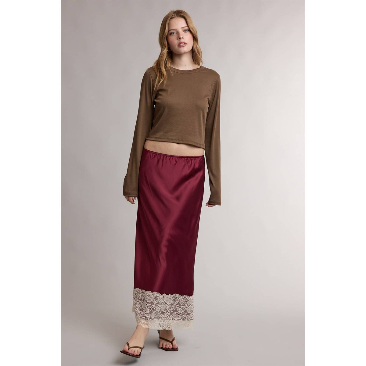 Satin Lace Trim Midi Skirt