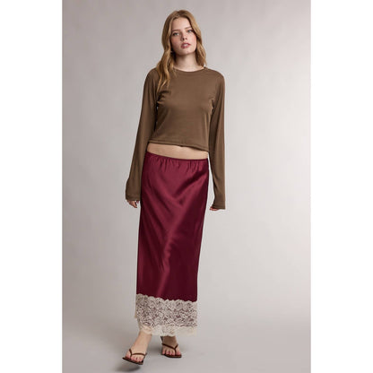 Satin Lace Trim Midi Skirt