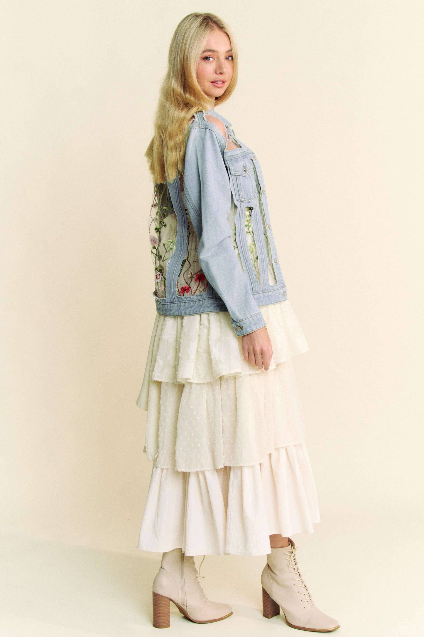 Floral Embroidery Detail Mesh Button Down Denim Jacket