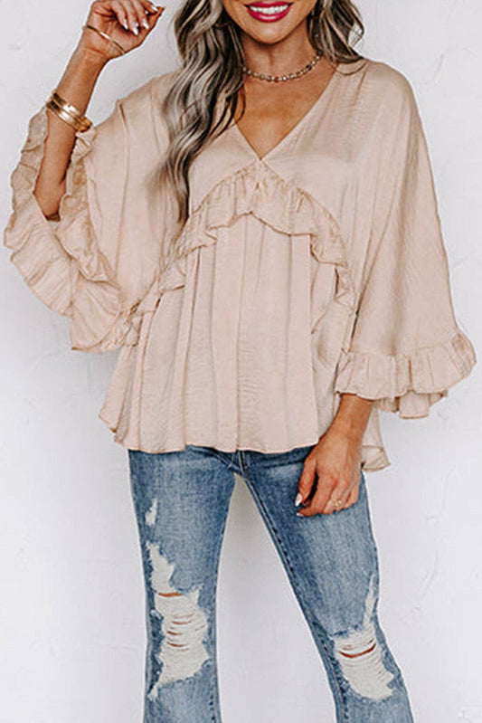 Apricot V Neck Draped Ruffle Top