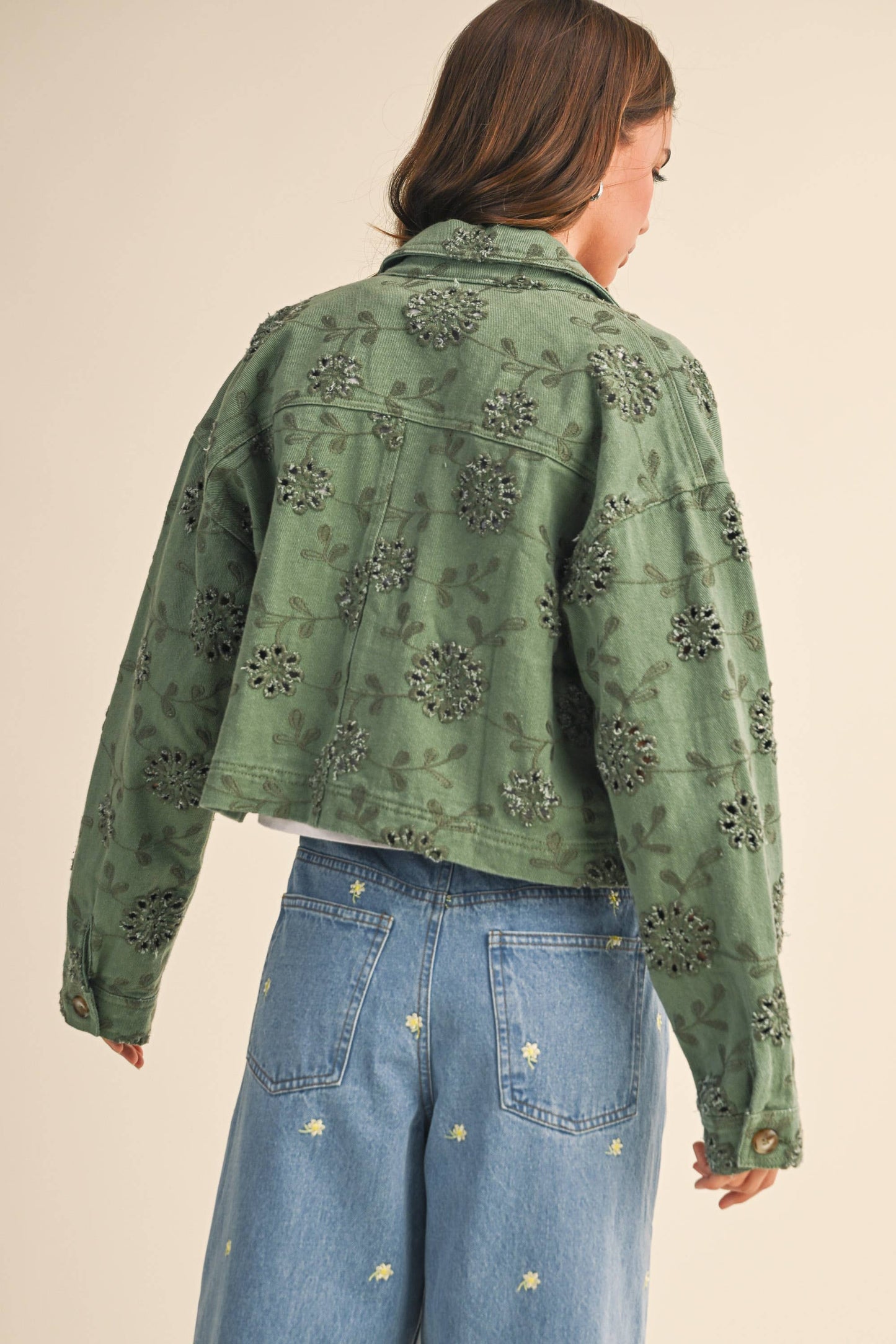Eyelet Twill Cropped Trucker Jacket