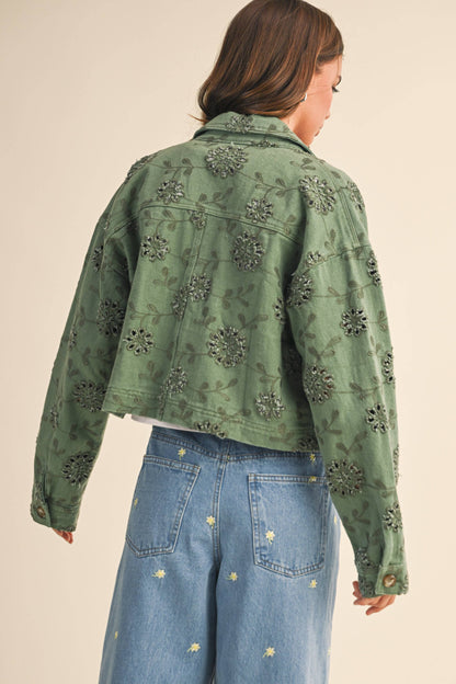 Eyelet Twill Cropped Trucker Jacket