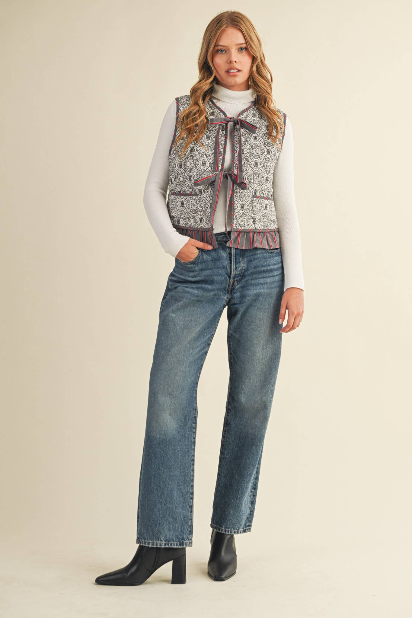 Quilted Block Print Ruffle Vest