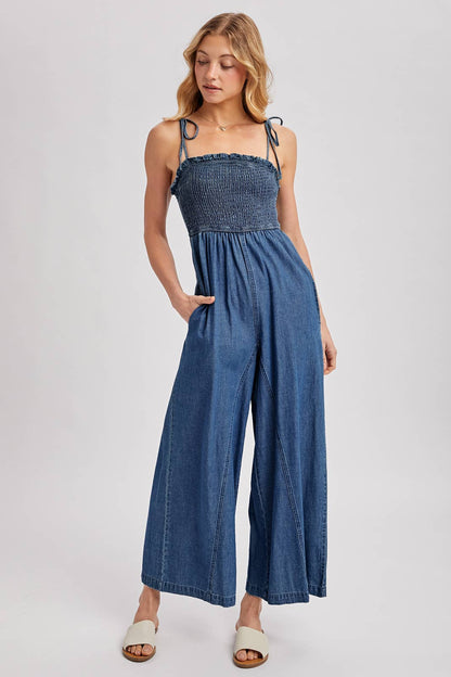 Denim Smocked Jumpsuit
